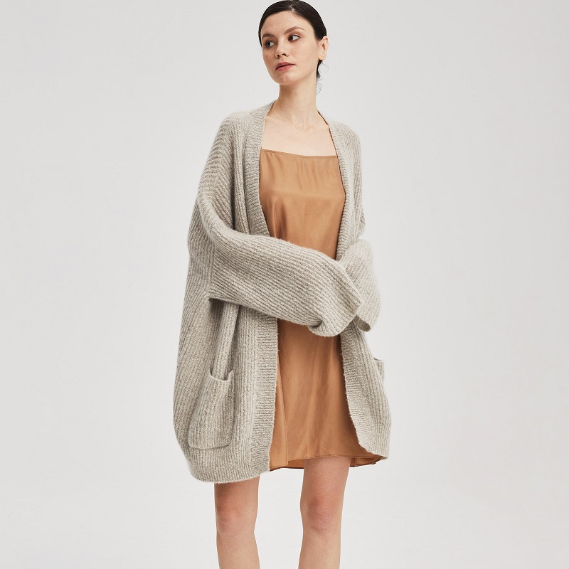 Cardigan in maglia di cachemire personalizzatu per donna in maglia di striscia di costina-1
