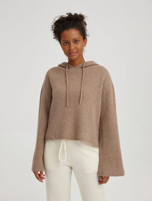 Mga babaye' cashmere knitted pullover nga adunay hoodie & woolen draw-string-2