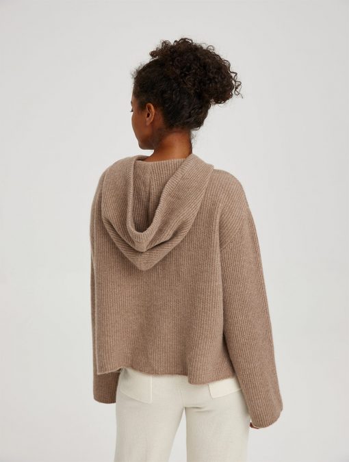 Ženski pleteni pulover od kašmira s kapuljačom i vunenom uzicom-3