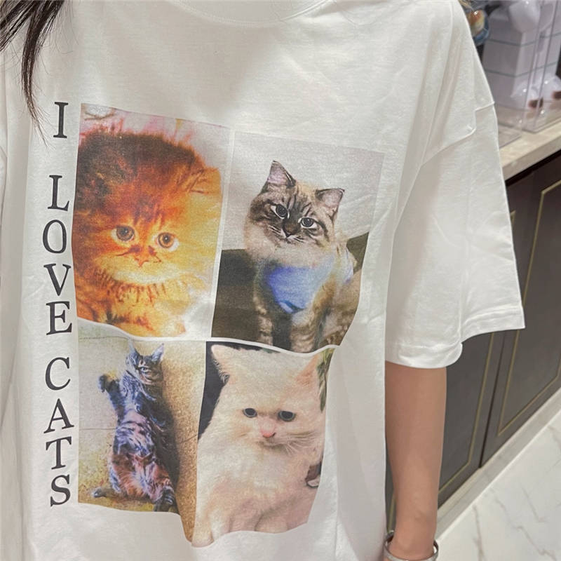 camiseta feminina de verão com gola redonda e estampa de gato em malha-5
