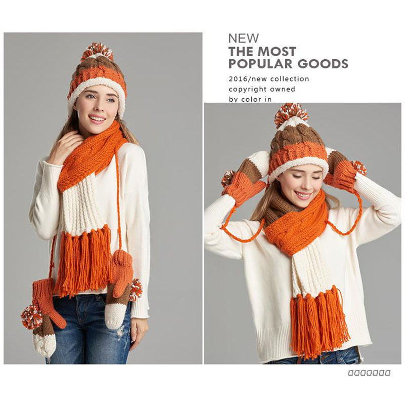 Плетени џемпер по мери са троделним вуненим шалом, капом и рукавицом-2