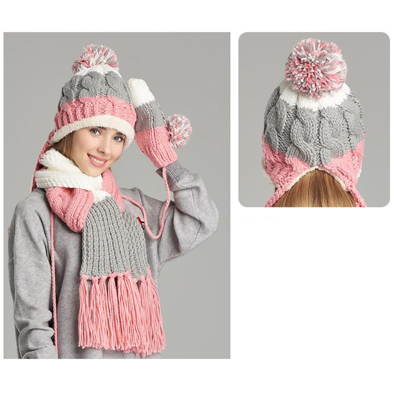 Pulover tricotat personalizat cu eșarfă din lână din trei piese, pălărie și mănușă-6