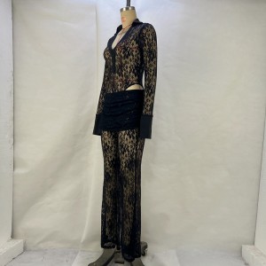 Dalawang pirasong Set Lace Embroidery Sequins Transparent Sexy Suit