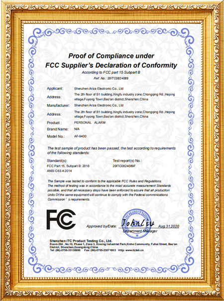 AF-9400 Personal Alarm FCC Certificatevvd