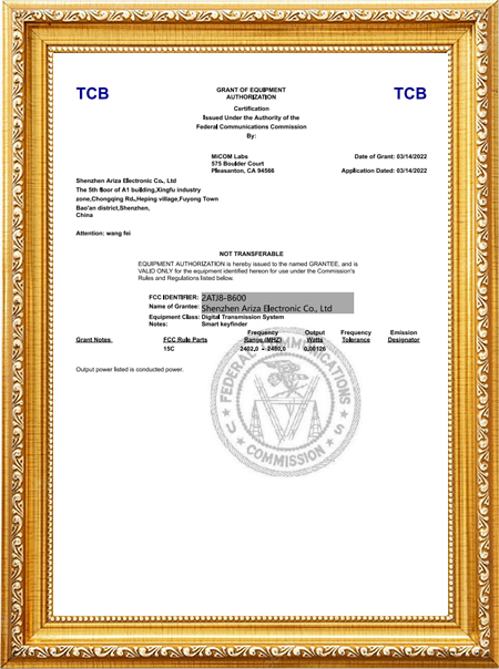 B400 Key Finder FCC Certificatekjz
