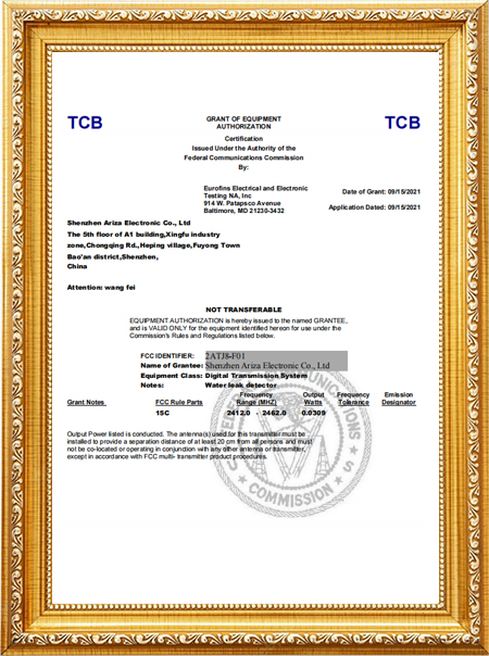 F-01 TUYA Water Leak Alarm FCC Certificatetw1
