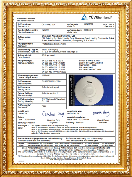 S100A Smoke Alarm 3Year Battey Type _CE-RED Test Reportccq