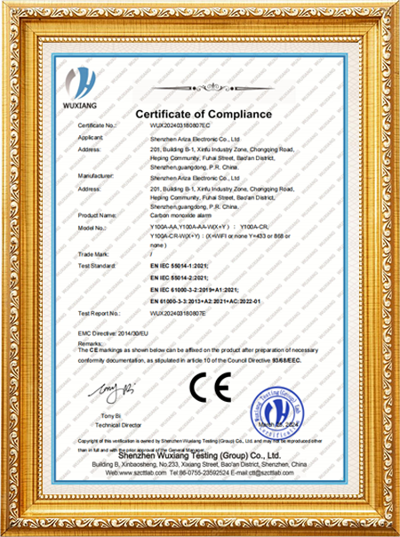 Y100A Carbon Monoxide Alarm CE-EMC Certificateb60