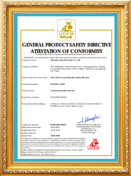 Y100A Carbon Monoxide Alarm GPSD Certificate36h