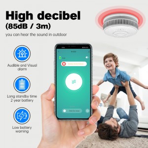 85Db DC 3V Hotels Shops ឧបករណ៍ចាប់សញ្ញារោទិ៍សុវត្ថិភាពអគ្គីភ័យឥតខ្សែ Wifi Tuya Smart Smoke Detector