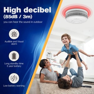 Home Smoke Leak Security Sensor ថ្មដំណើរការដោយឥតខ្សែ ឧបករណ៍ចាប់សញ្ញាសំឡេងរោទិ៍ភ្លើង Photoelectric