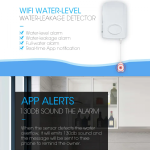130 դբ Tuya Smart Life Wireless Ջրի արտահոսքի հայտնաբերիչ Ազդանշան վարարման տագնապ Ջրի հայտնաբերման սարքավորում Smart Wifi Ջրի ջրհեղեղի սենսորային համակարգ տան համար