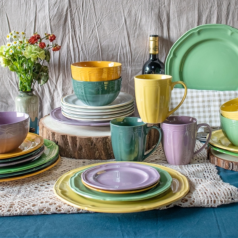 Solid Color Glaze Embossed Ceramic Tableware Set