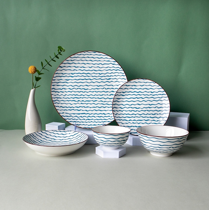 Light Blue Stripes Pad Stamping Ceramic Tableware Design Customization Support