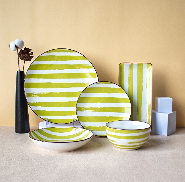 Green Stripes Pad Stamping Ceramic Tableware Made in China
