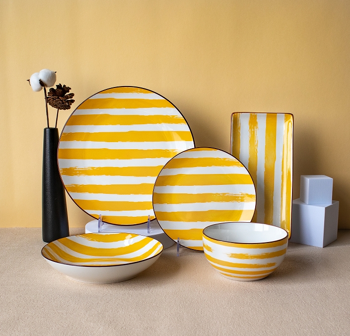 Yellow Stripes Pad Stamping Ceramic Tableware Made in China