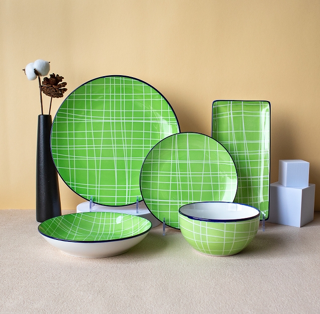 White and Green Pad Stamping Ceramic Tableware