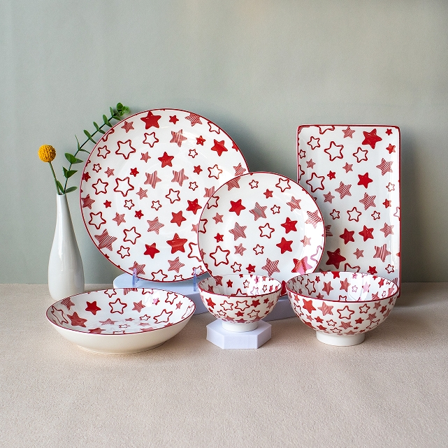 Red Stars Pantern Pad Stamping Ceramic Tableware