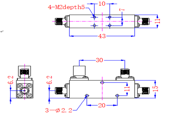 Acoplador direccional de baja pérdida de inserción de 2-8 GHz JX-DC-2G8G-30SF