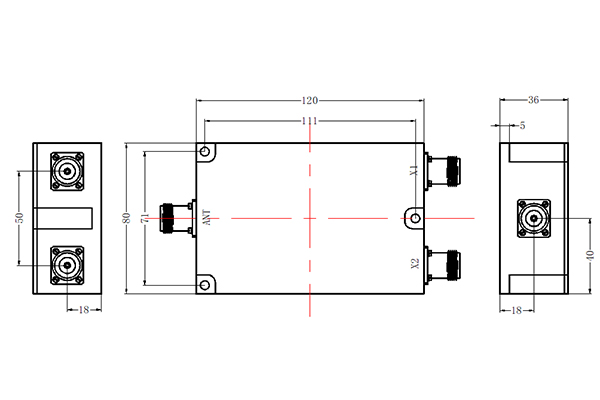 2 manieren LC Combiner NF Connector 30-400MHz Laag invoegverlies Klein volume JX-LCC2-30M400M-20N