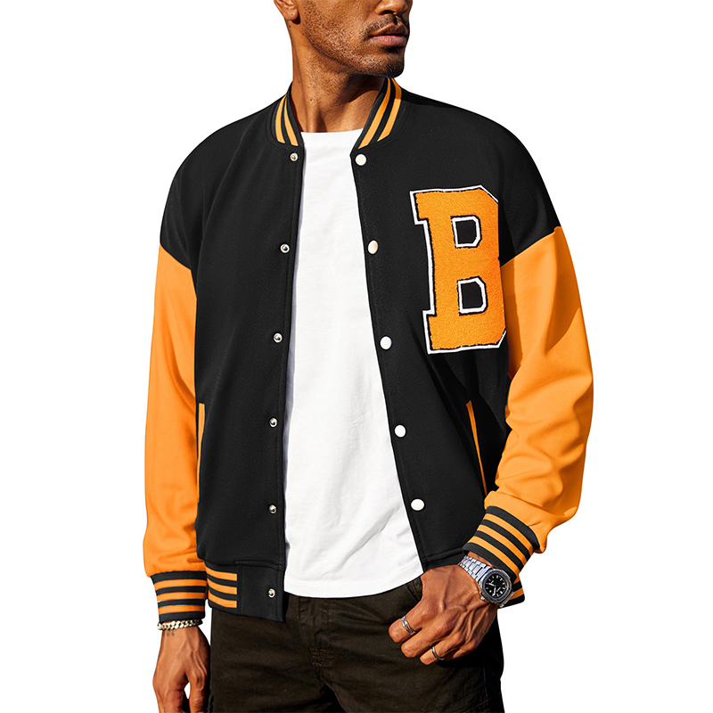 Custom Wholesale Black varsity jacket Mens Orange Leather Sleeves Supplier