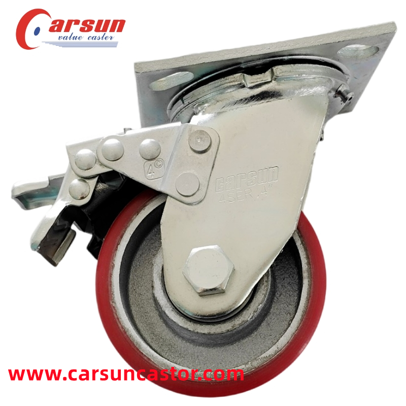 CARSUN 4 inch Red PU Cast iron core trolley wheel heavy duty industrial caster wheels