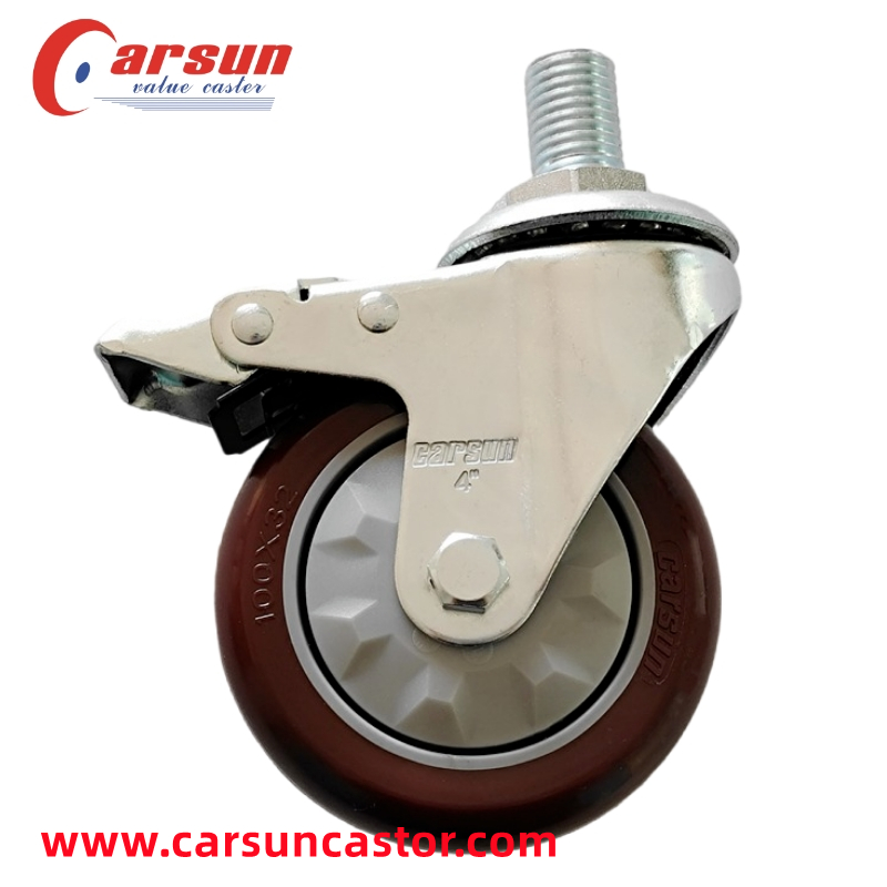 Medium 4 Inch Polyurethane Wheel Castors Threaded Stem Casters with Brakes