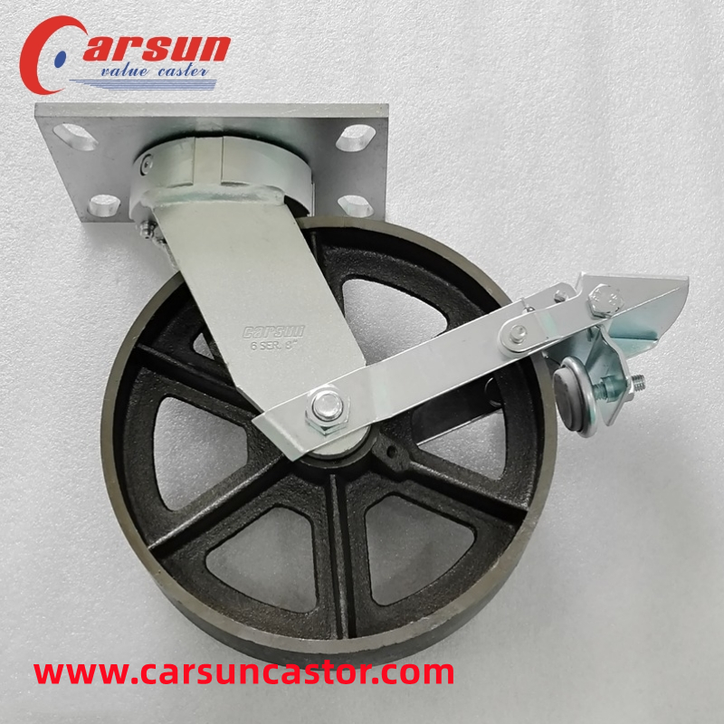Ultra Heavy Industrial Castors 200mm 8 Inch Cast Iron Caster Wheels with Tread Brakes