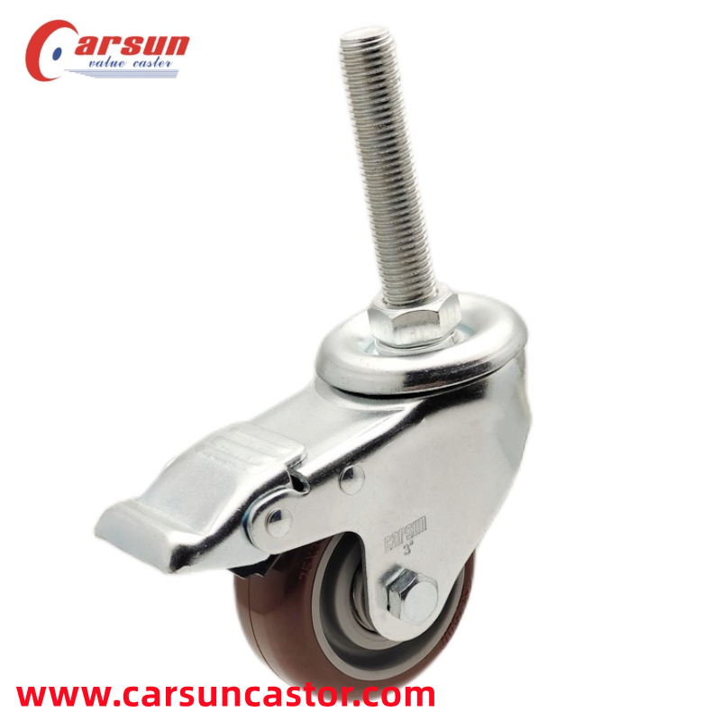 Medium industrial casters OEM customization Threaded stem castors 3 inch red polyurethane swivel caster wheels without brakes