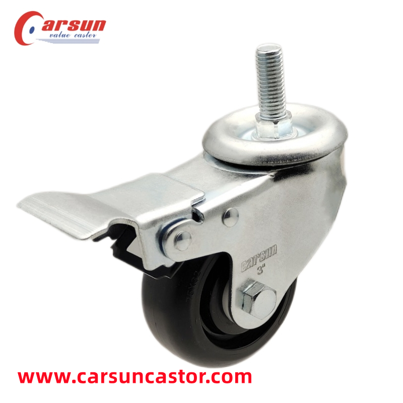 Medium Duty Industrial Casters Thread Stem Casters 3 Inch Black PP Swivel Caster Wheels with Long Metal Brakes