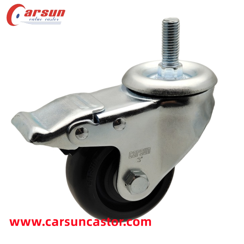 Thread stem casters medium duty industrial casters 3inch black PP swivel caster wheels with metal brakes