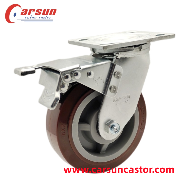 6 Inch Polyurethane Heavy Duty Castors Red PU Swivel Industrial Caster Wheels With Brake