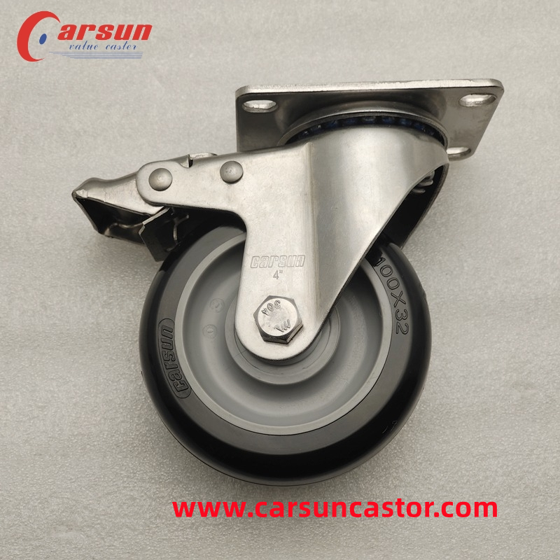 Medium Duty casters 304 Stainless Steel Industrial Castors 4 Inch Black PU Swivel Caster Wheels with Stainless Steel Brakes