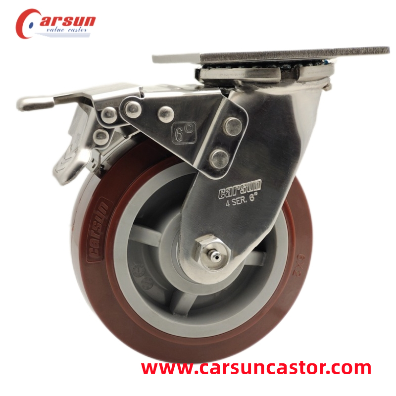 SS Castors 4/5/6/8 Inch PU Swivel Casters Heavy Duty 304 Stainless Steel Industrial Caster Wheel with Brakes