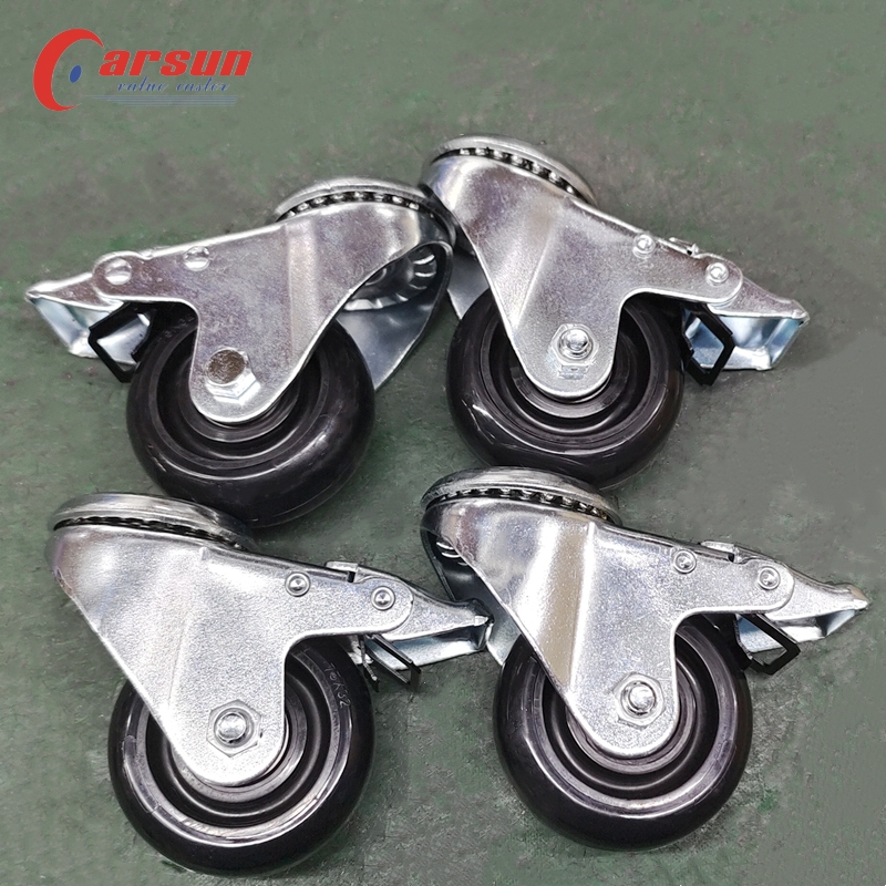 3 inch hollow rivet type casters industrial swivel casters with metal brake black PU caster wheels 2-3T40SB4-404G (9)