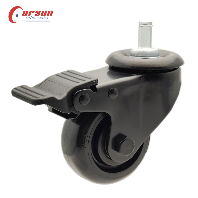 Grip Ring Stem Caster 3 Inch Black PU Swivel Castor with Nylon Brake Medium Industrial Caster Wheels