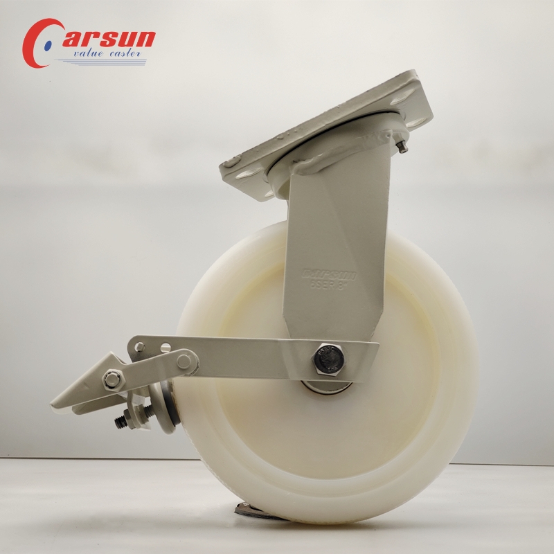 Heavy Duty Industrial Casters Custom Castors 8 Inch White Nylon Swivel Casters with Metal Pedal Brakes