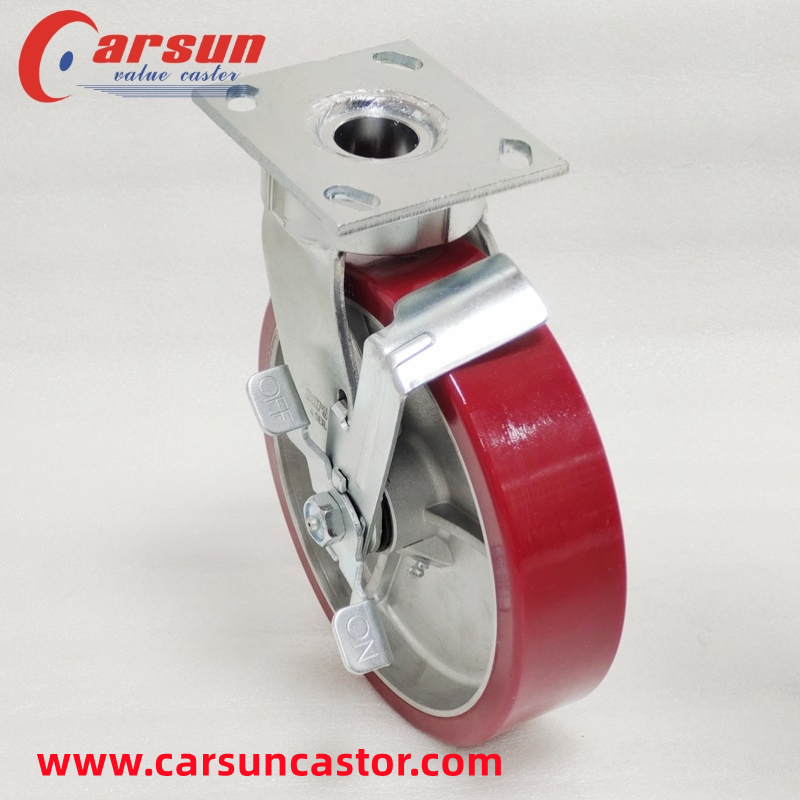 Heavy Industrial Casters 8 Inch Aluminum Core Polyurethane Wheel Casters with Side Brakes 4-8T50SB1-471G (3)