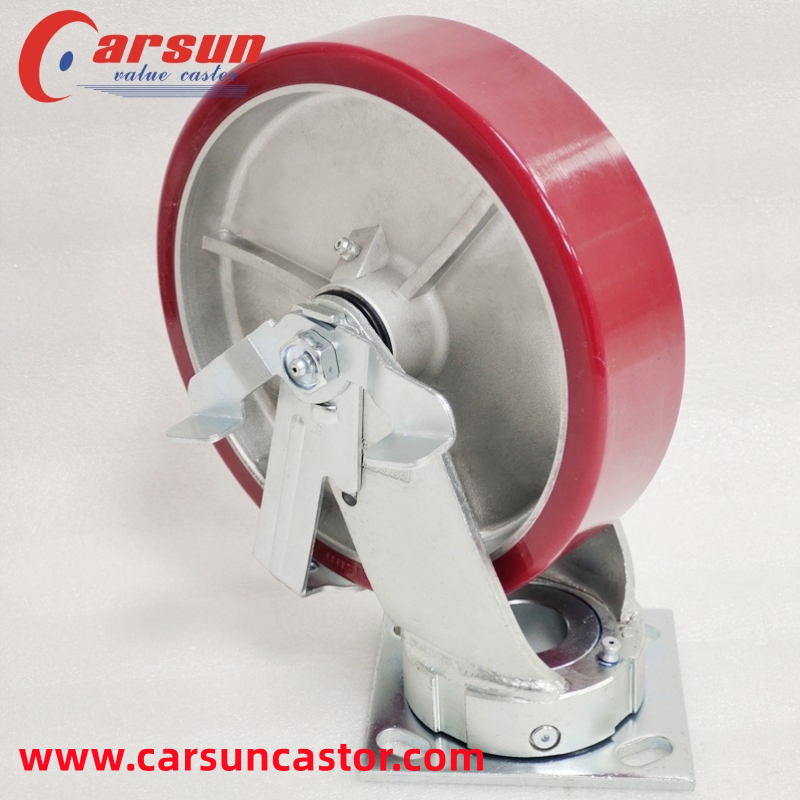 Heavy Industrial Casters 8 Inch Aluminum Core Polyurethane Wheel Casters with Side Brakes 4-8T50SB1-471G (6)