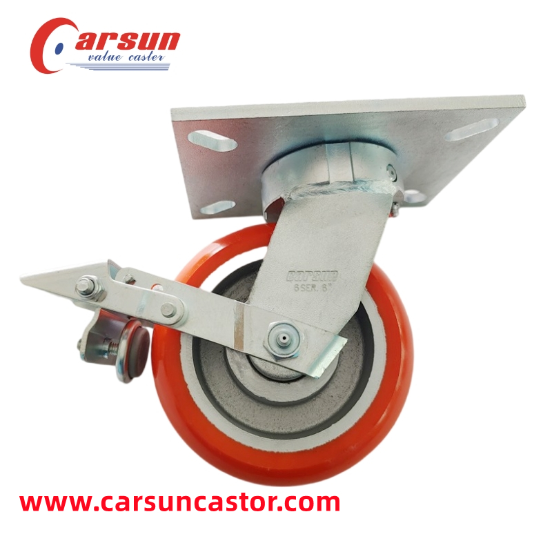 Ultra Heavy Industrial Casters 6 Inch Cast Iron Core Polyurethane Wheel Swivel Casters with Metal Tread Brake