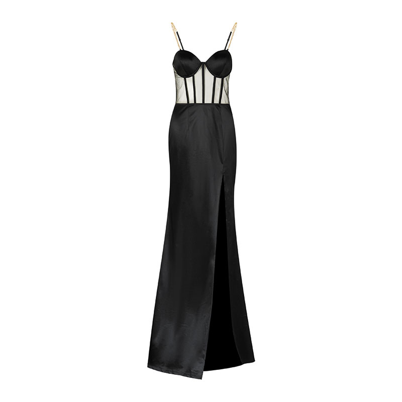 साटन फैब्रिक बुनी हुई काली लंबी शाम की पोशाक