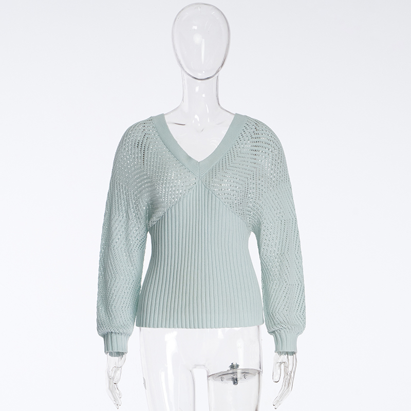 Suéter de manga longa de punto con escote en V oco para mulleres1 (1)wj0