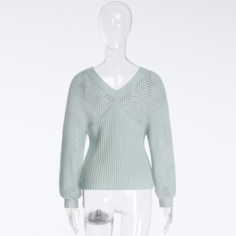 Дамски плетен пуловер с дълъг ръкав с кухо V-образно деколте1 (2)u74