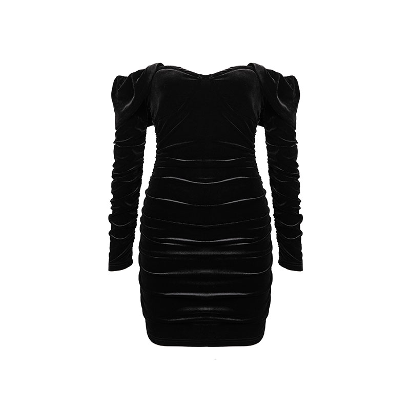 Kadife Kumaş Kadın Siyah Uzun Kollu Omuzu Açık Elbise