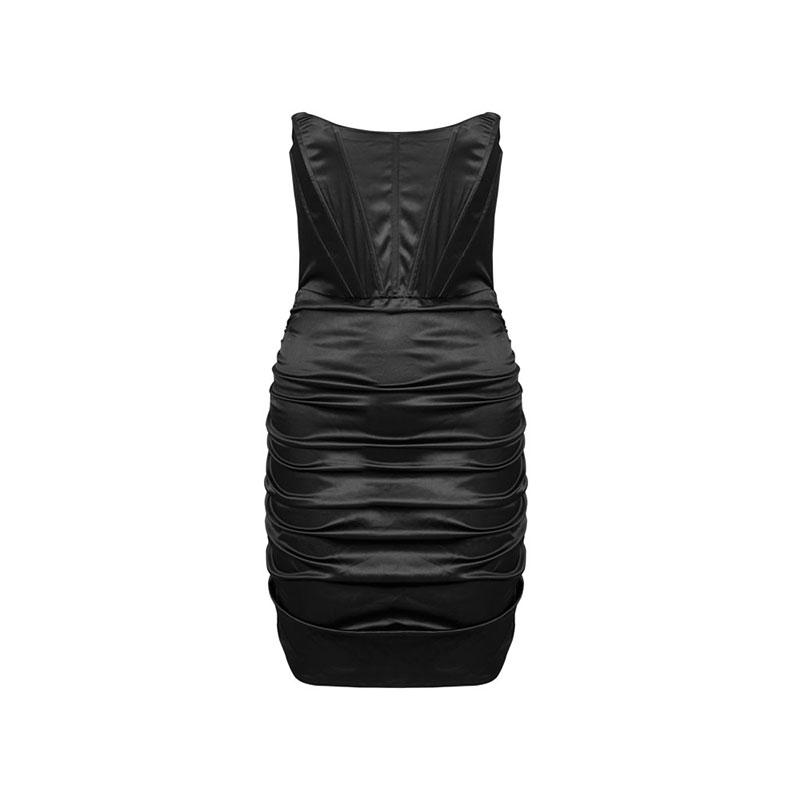 サテン生地織りのブラックコルセットイブニングドレス