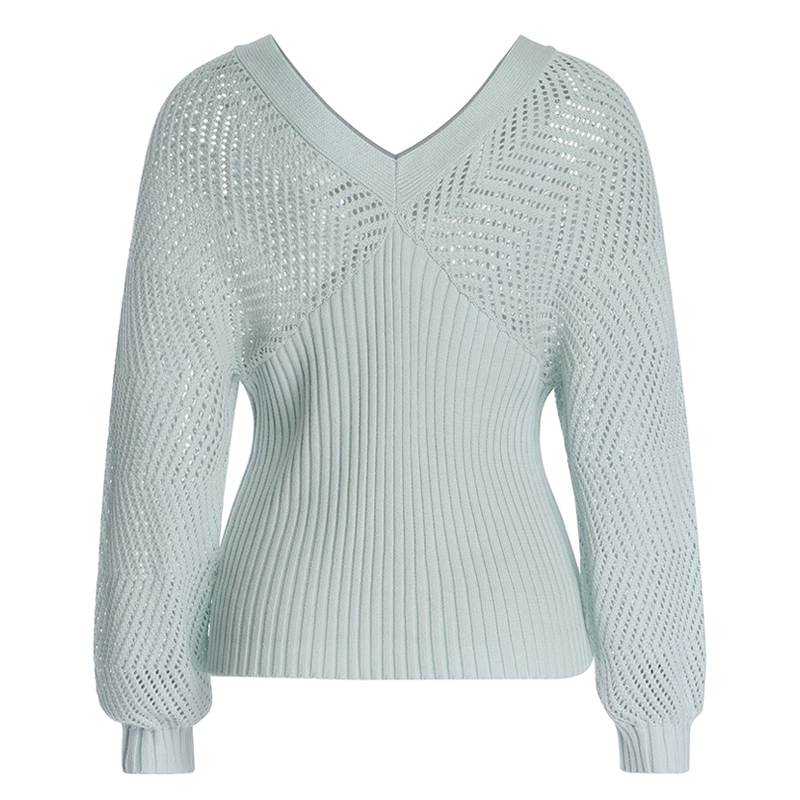 Sweater Lengan Panjang Dikait Berongga V-leher Wanita