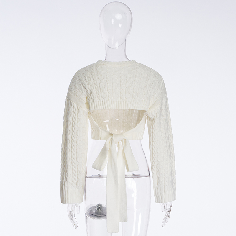 Damski sweter z okrągłym dekoltem, długim rękawem i wiązaniem na plecach oraz kokardą