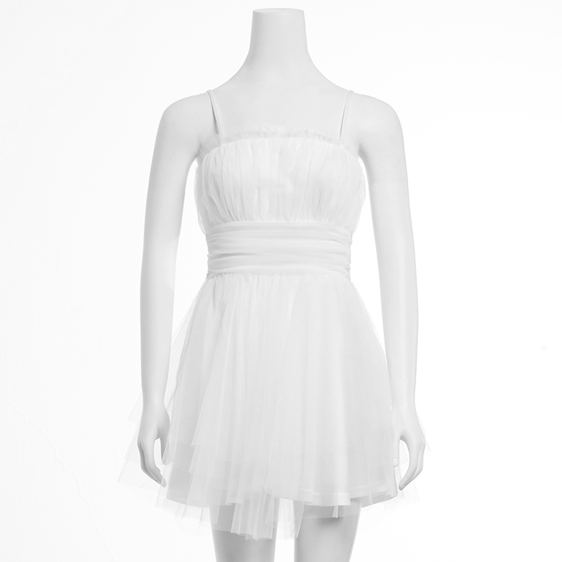 Fashionable And Sexy White Suspender Mesh Gathered Dress