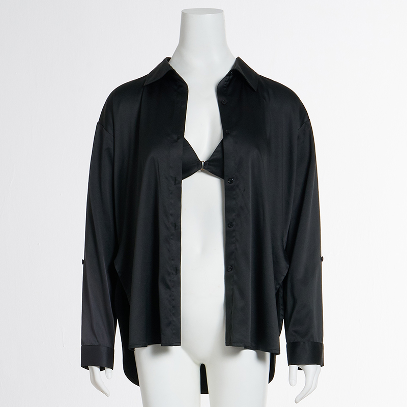 Χαλαρό και τεμπέλικο ύφος υψηλού σατινέ μαύρο πουκάμισο Σέξι Σουτιέν με Push-up Σετ δύο τεμαχίων