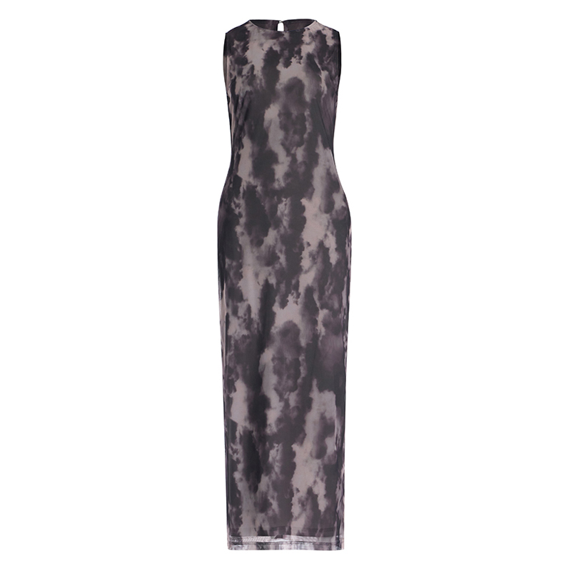 Mesh Abstract Painting Printed Vest Long Sexy Fashion Hip-Hugging Dress